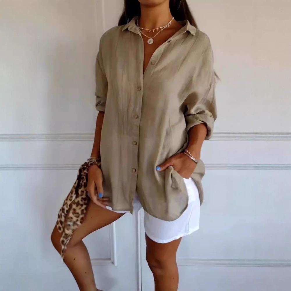 Women Solid Lapel Pleated Blouse, Single Breasted Rollable Long Sleeve Shirt