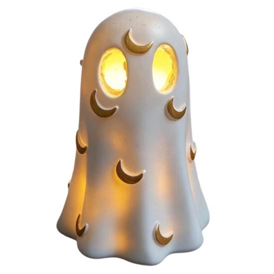 Resin Ghost Statue Halloween Decoration, Cute Light Up Figurine, Spooky Warm LED Bedside Lamp with for Shelf Mantel Indoor Home Decor Party Supplies