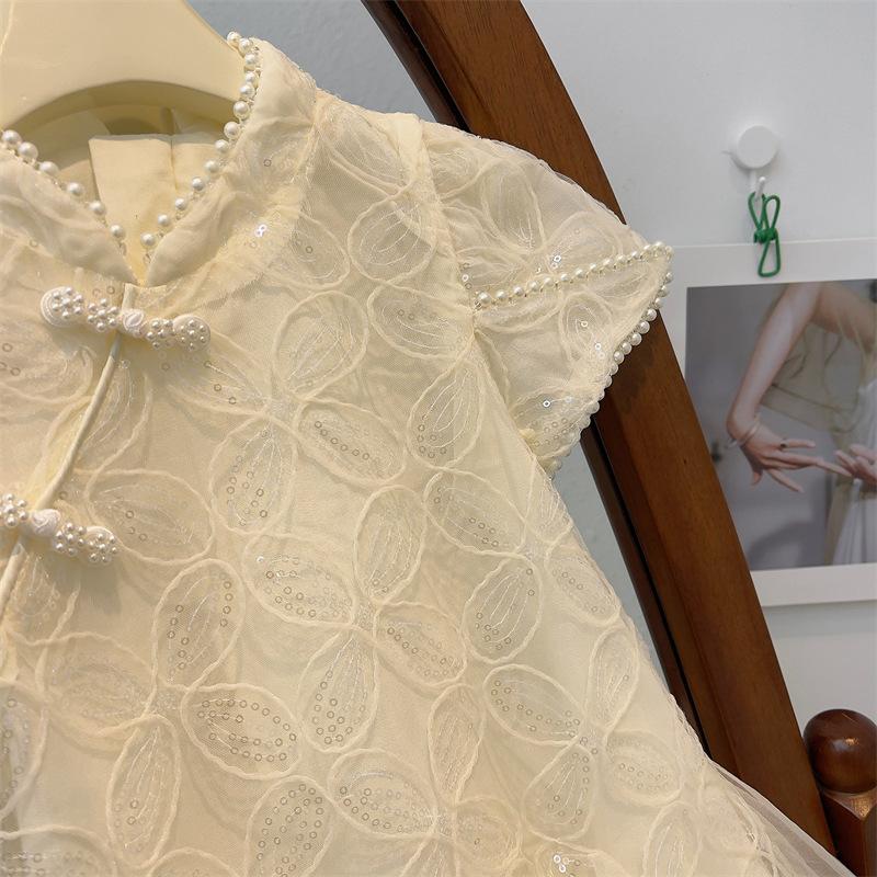 Girls Summer Vintage Cheongsam Dress Elegant Princess Tulle Gown Kids Party Formal Wear Children Clothing