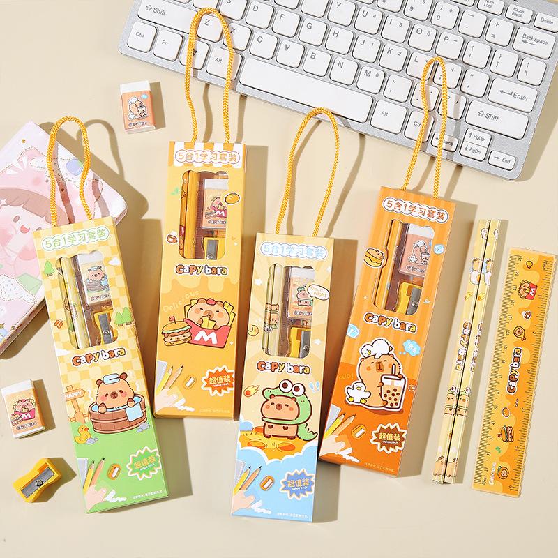 2Set Cute Cartoon Capybara Pencil Stationery Set Kawaii 5Pcs/Set Eraser Pencil Sharpener Children Student Stationery Supplies