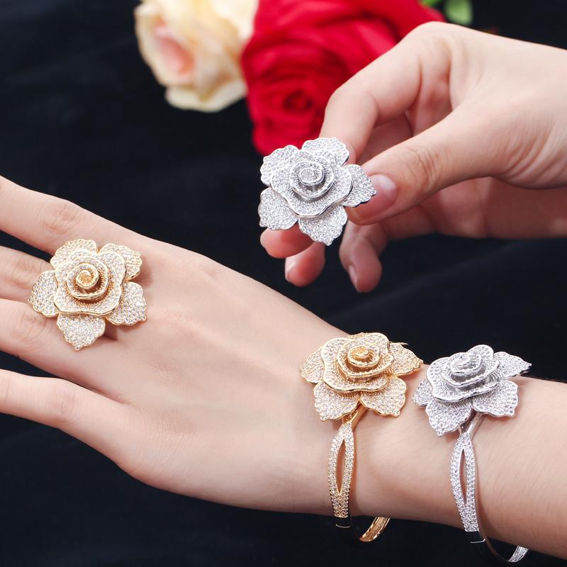 WWJ Super Luxury Zirconia Large Golden Color Geometric Flower Wedding Ring Bangle Sets