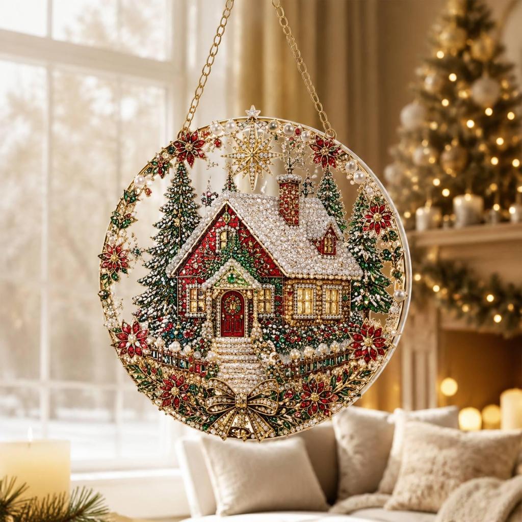 Acrylic Christmas Hanging Ornament with Gold Toned Chain and Rhinestone Accents