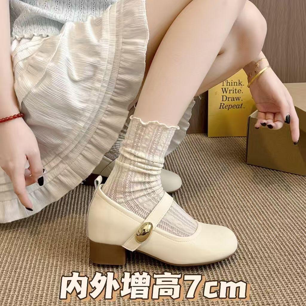 French inner height increase thick heel shallow mouth single shoes women's 2025 new summer and autumn Mary Jane small leather shoes ballet evening sho