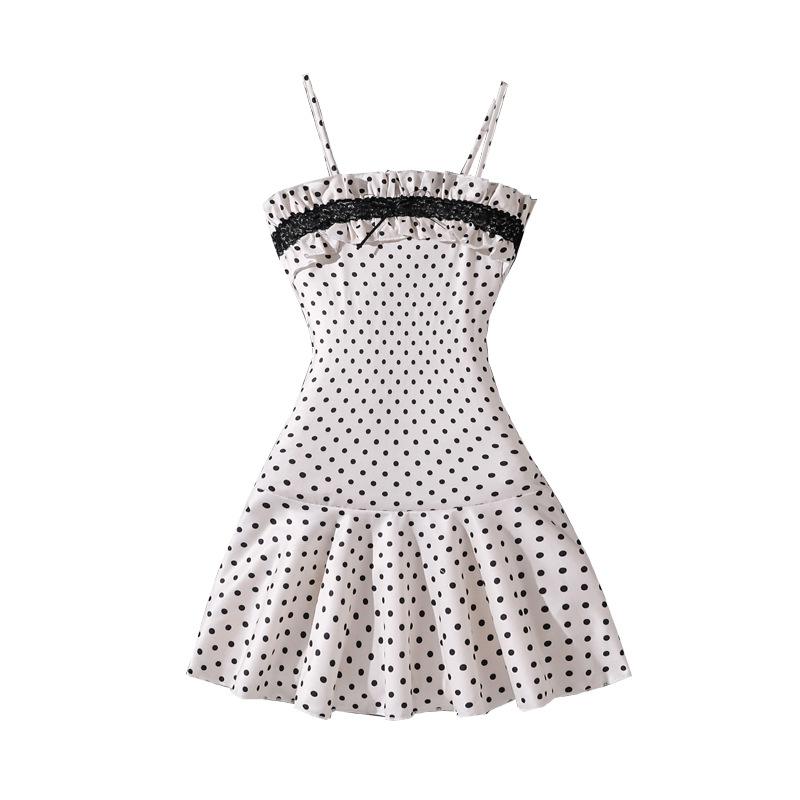 Vestidos de moda para niñas, vestido de verano para niñas con estampado de lunares, estilo princesita adorable, con tirantes finos y corte ajustado.