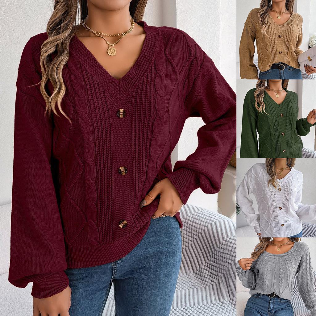 Women Knit Sweater V Neck Button Dough Sleeve Pullover Jumpers Winter Solid Color Knitwear Tops
