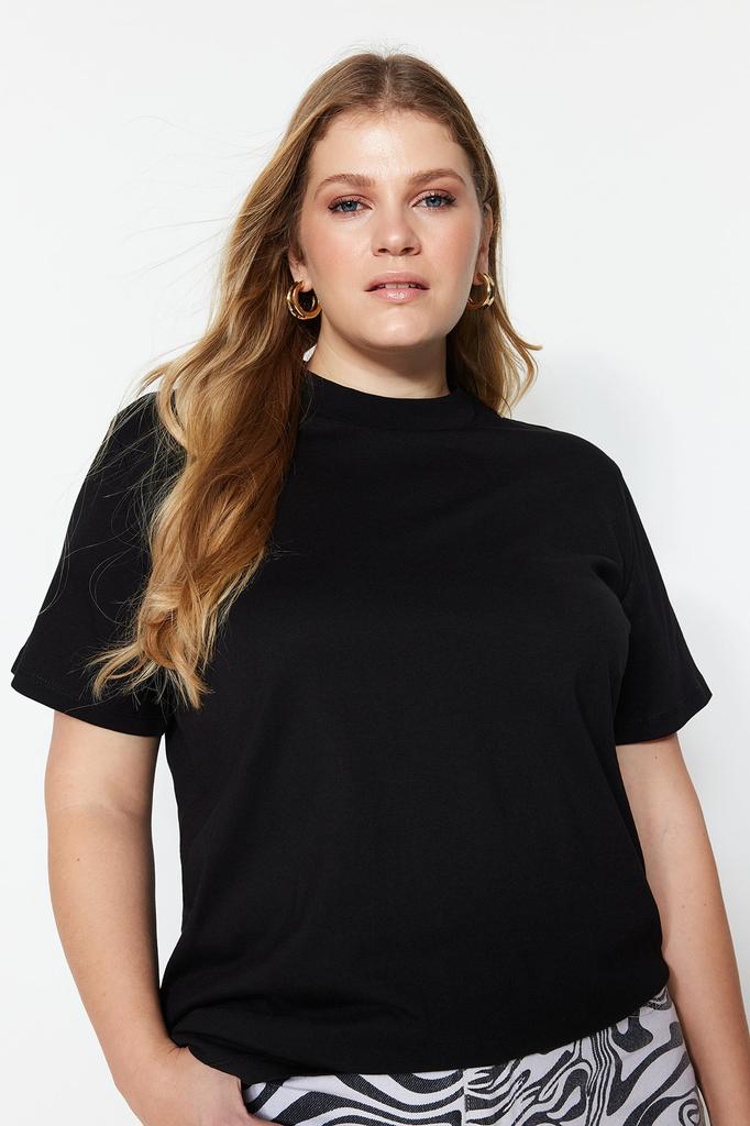 Women's Style Plus Size White Navy Blue Ribbed Collar Boyfriend Knitted T-shirt