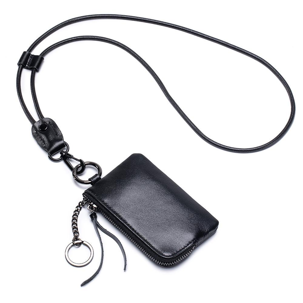 2025 first-layer cowhide neck change bag, small storage change card bag with key ring, soft leather mini change bag.