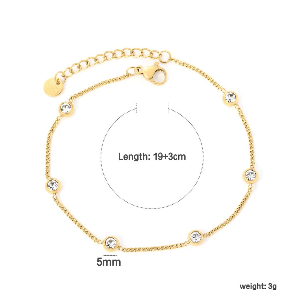 Simple and Elegant Fashion Round Diamond Bracelet, Stainless Steel Gold-plated Waterproof Jewelry, Date Accessory Gift for Girls