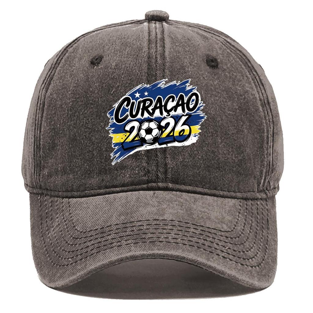 2026 Football Soccer "CURACAO" Flag Printed Baseball Hat , Adjustable Baseball Cap Headwear Non-Stretch Fabric Leisure Solid Color Sun Hat