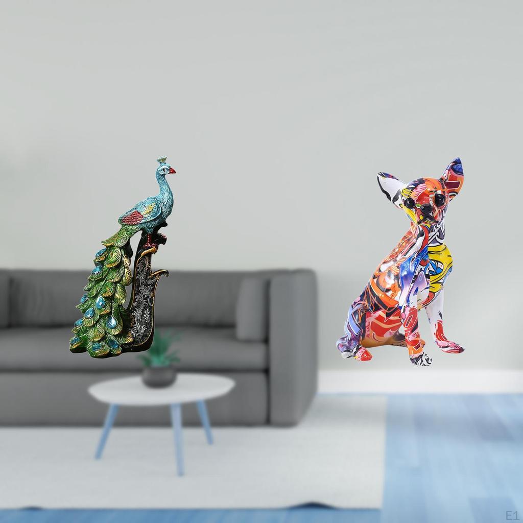 Elegant Peacock And Colorful Dog Animal Sculpture Collection Realistic Tabletop Ornament for Bedroom