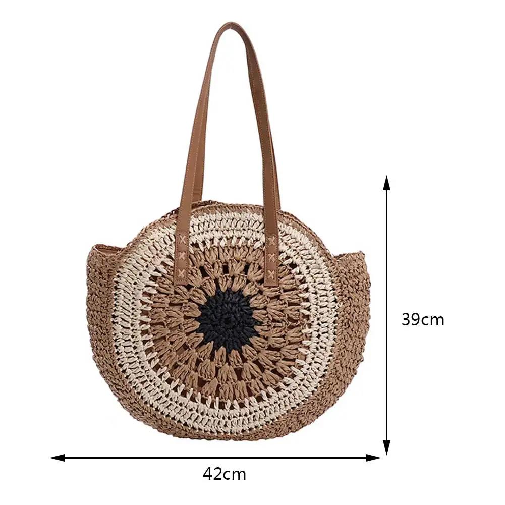 Women Fashion Woven Handbag Round Straw Woven Tote Bag Vacation Shoulder Bag Large Capacity Ethnic Style for Travel Vacation