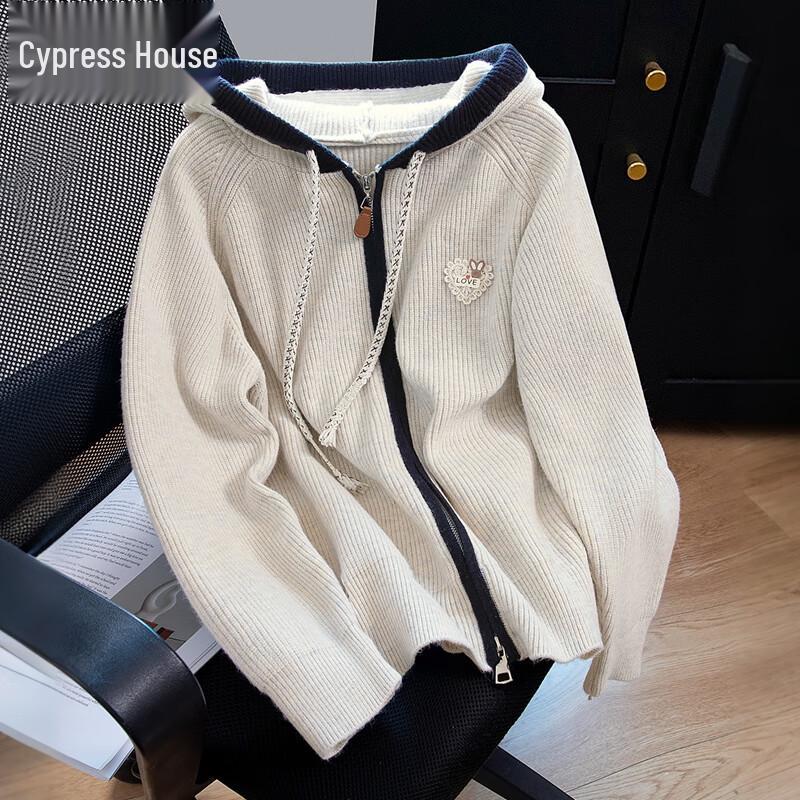 

Women s Contrast Hooded Loose Knit Sweater One Size