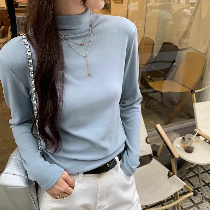 Autumn Basic Long Sleeve Slim Fit Casual T-shirt for Women Fashion Solid Simple Winter Ladies T Shirt Elegant Half High Collar Woman Tee Tops 25666