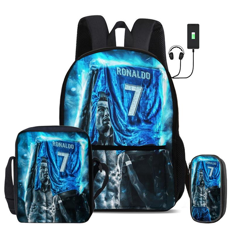 Ronaldo 3 Pcs Set School Bags Backpack with USB Interface CR Football Star Shoulder Bag Football Sports Pencil Bag Kids Rucksack