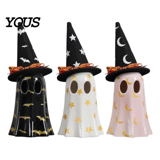 Kids Bedroom Night Light Up Ghost Halloween Decoration, Cute Spooky Witch Hat Figurine, Gifts for Resin LED Lighted Statue Mantel, Shelf, Indoor Home