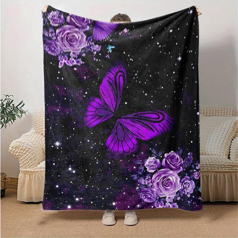 1pc Purple Butterfly & Flowers Galaxy Tapestry Wall Hanging Home Decor, Couch Throw Blanket, Outdoor Blanket .W065