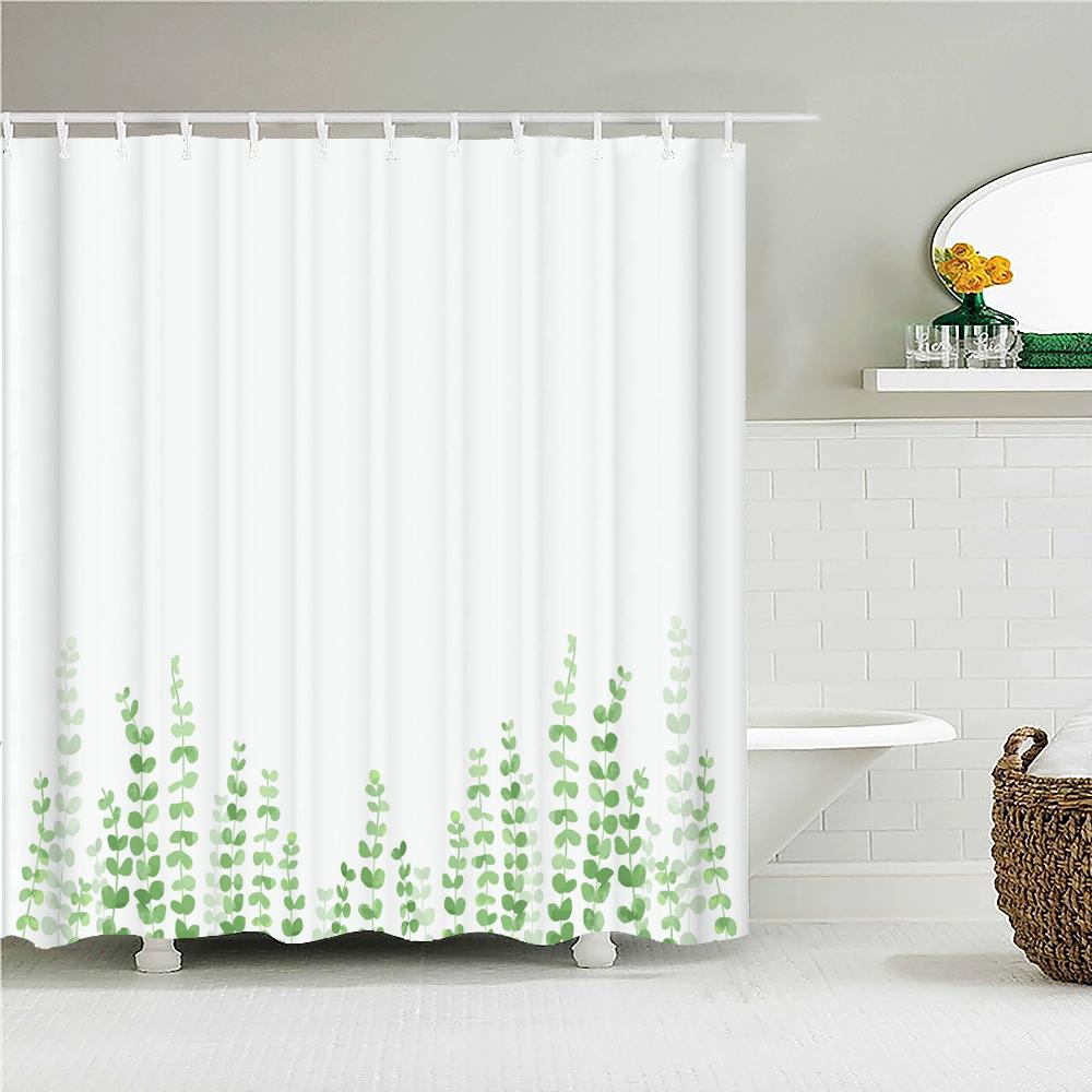 High Quality Blue Fresh leaf Printed Fabric Shower Curtain Plant Leaves Bath Screen Waterproof Bathroom Decor with Hooks