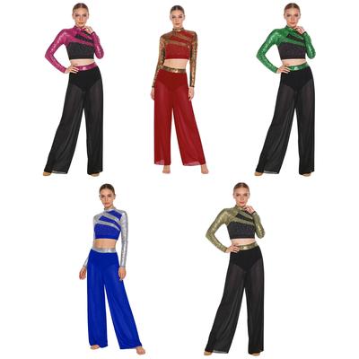 Completo da Danza Latina da Donna Collo Alto Manica Lunga Cut-out sulla Schiena Paillettes Crop Top Pantaloni in Chiffon Trasparente con Spacco Laterale