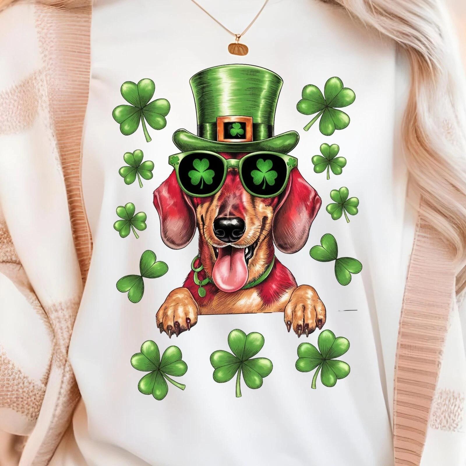 Men s and Women s T-shirts Lucky Dachshund Shirt, St Patricks Day Dog Shirt, Cute Dachshund in Hat XXXXL