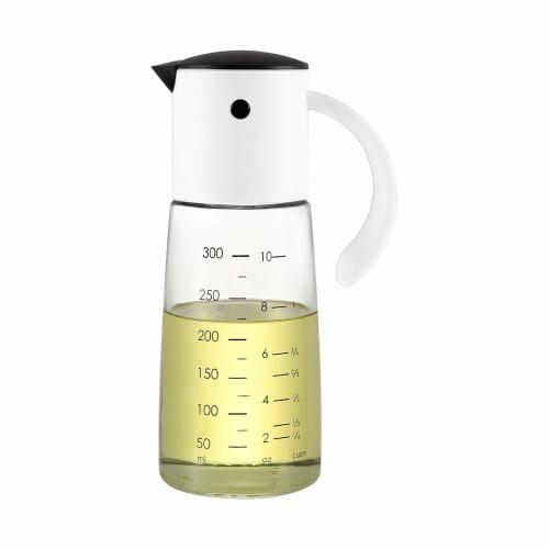 VKCHEF Drip-Free Glass Oil Bottle and Soy Sauce Dispenser, One-Handed, for Condiments, Dressings, Soy Sauce, Vinegar, and Oil, 300ml Capacity, White,