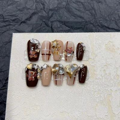 Wearing Nail Handmade Manicure Finished Fake Nail Patches Autumn and Winter Cute Plush Teddy Bear Manicure Flash Diamond
