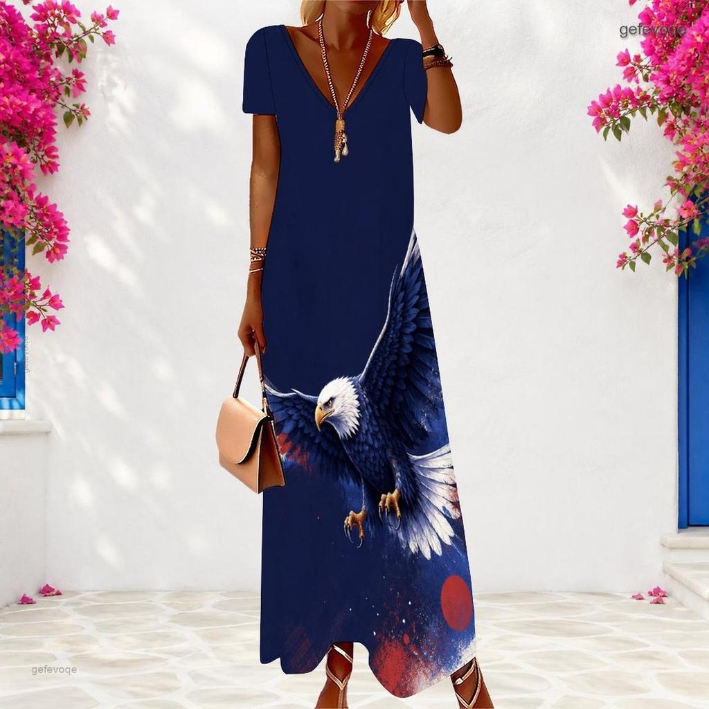 Women Plus Size V Neck Short Sleeve Star Swirl Printed Long Dress Red Blue White