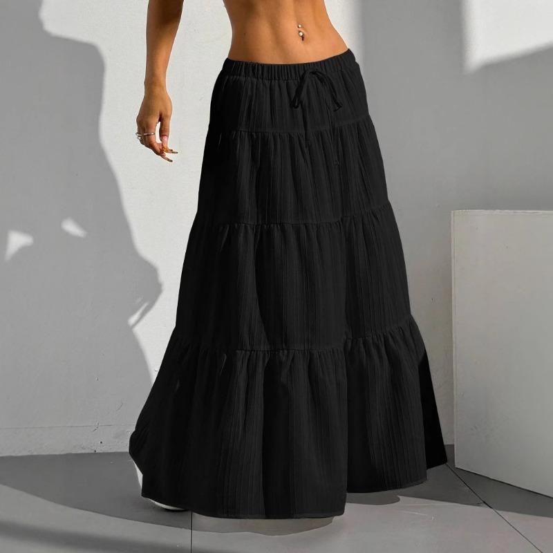 2025 Summer Fashion Lace-up Big Swing Skirt Loose Elegant Casual Simple A-line Ruffled Party Long Skirts Sweet Simple Party Office Clothing