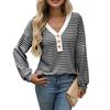 Women's V Neck Long Sleeve Loose Fit Casual Striped Knit Top Blouse for Daily Wear
