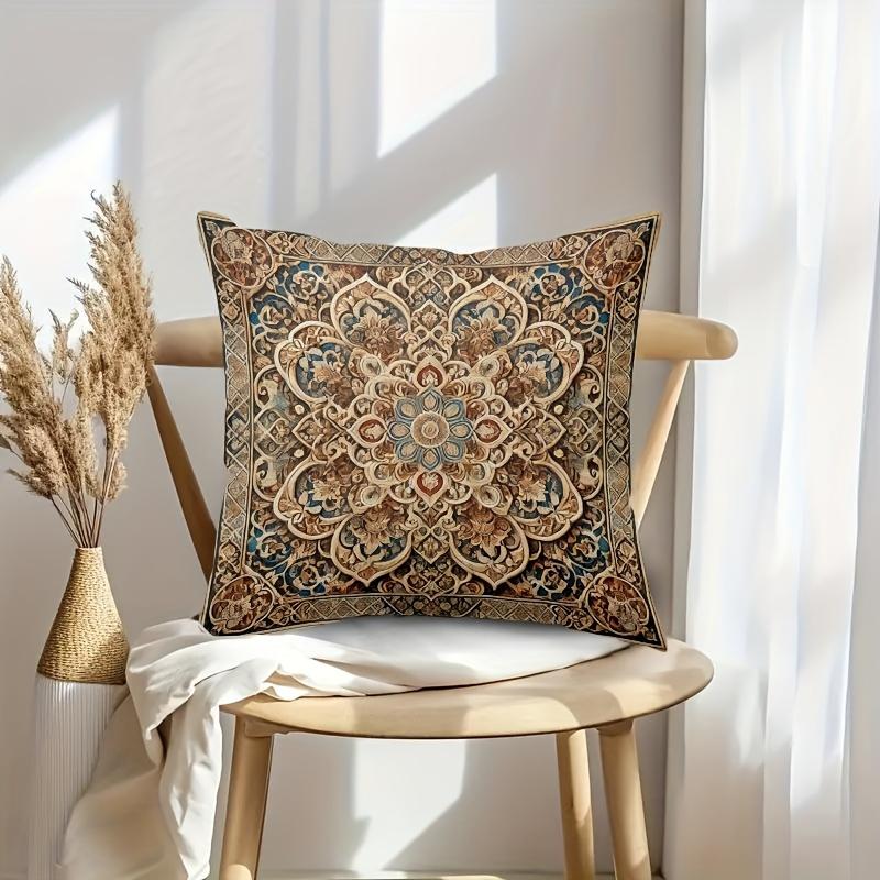 1Pc Boho Living Room Mandala Pillow Cover, Polyester 2D Double Sided Print Cushion Case, Vintage Ethnic Floral Throw Pillowcase