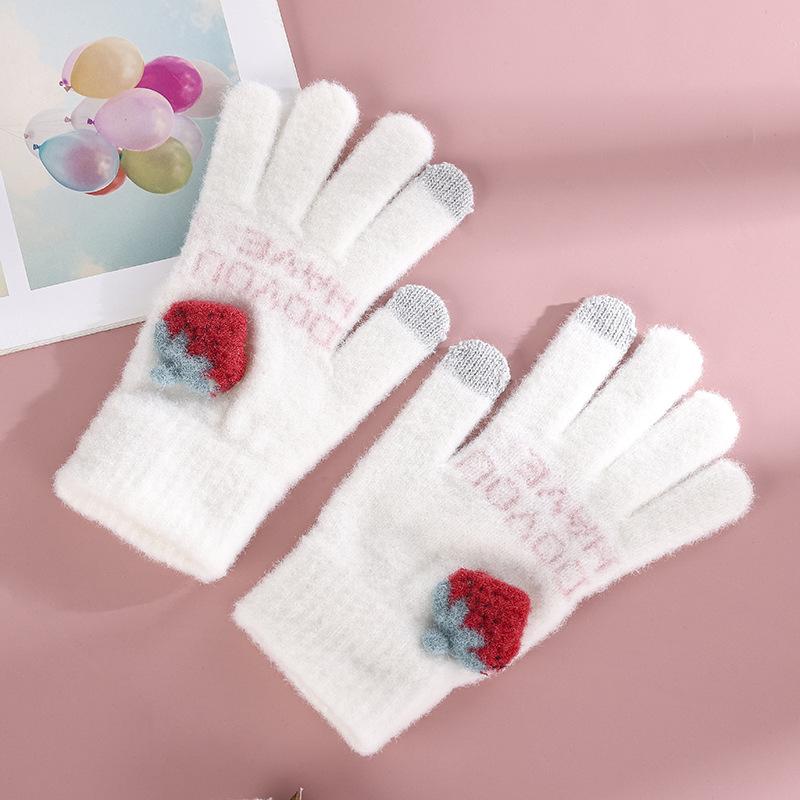 

Touch Screen Gloves Korean Edition Warm and Cold Proof Cycling Cute Girl Plush Knitted Five Finger Gloves one size білий
