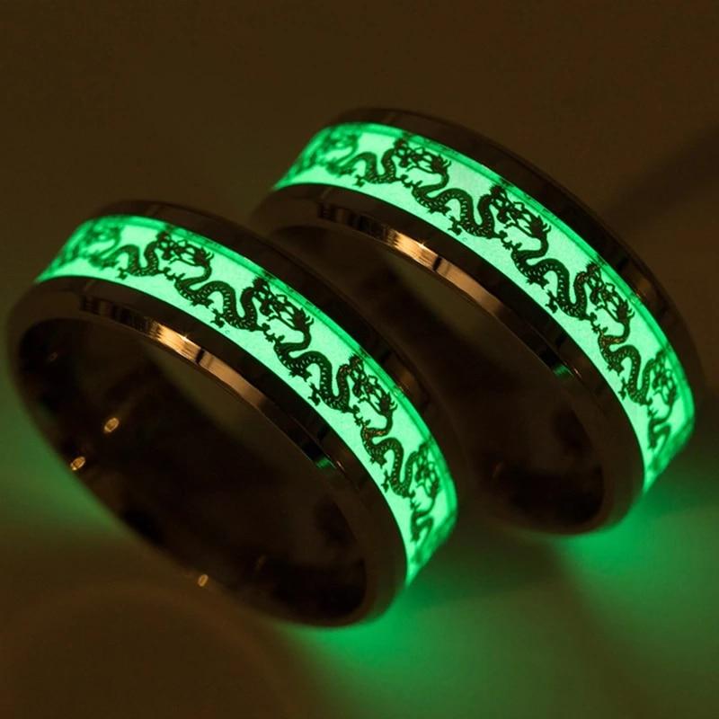 Fashion Luminous Dragon Ring Retro Stainless Steel Fluorescent Ring Plus Size Couple Jewelry For Men