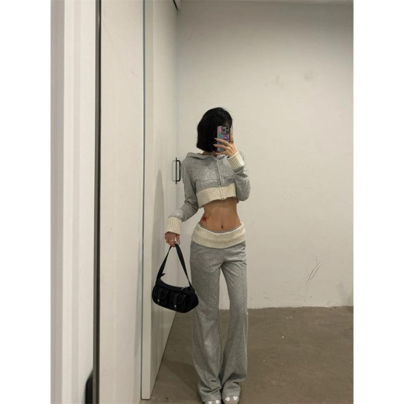 Korean Casual Lazy Sweet Spicy Pure Color Knitted Coat Autumn New Niche Design Sense of High-waisted Long Pants Two-piece Female Tide