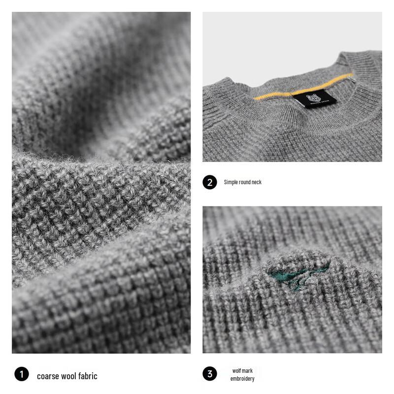 Qipilong Men's Pure Wool Striped Crew Neck Warm Sweater