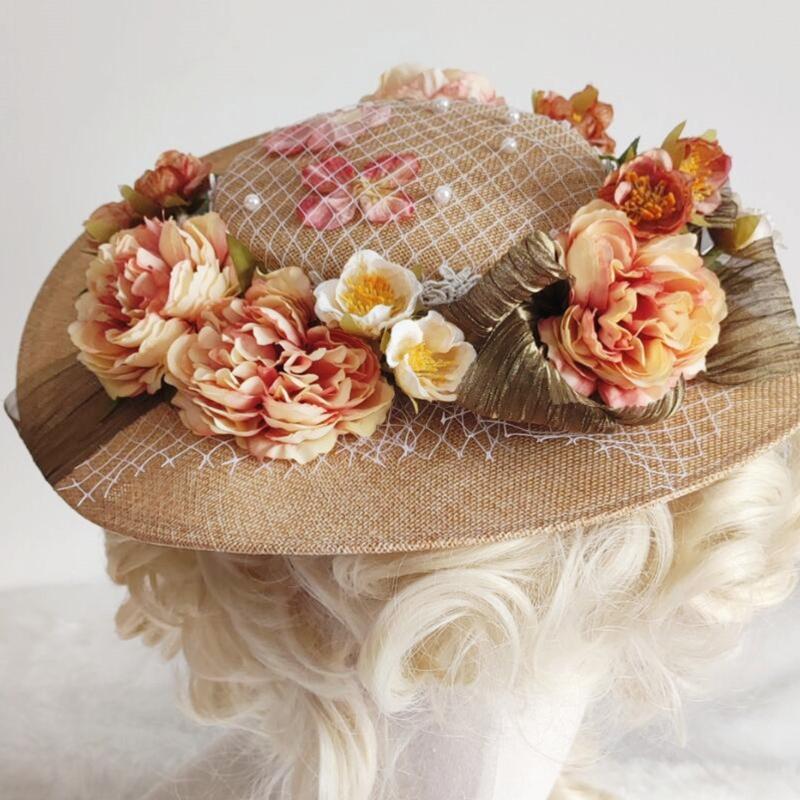 Summer Women Lolita's Hat Tea Party Hat Outdoor Sunscreen Flower Decor Sunshade Flat Hat Summer Beach Vacation Hats
