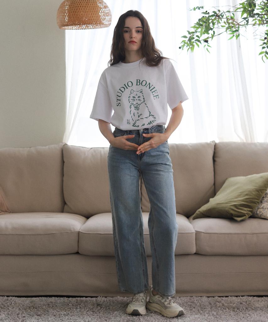 BONIEE New Cat Symbol Cat Graphic Loose Oversized T-Shirt White