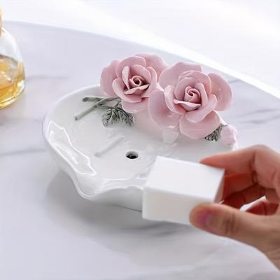 1PC Ceramic Hand Pinch Rose Household Soap Soap Box Bathroom Washstand Soap Rack Soap Box