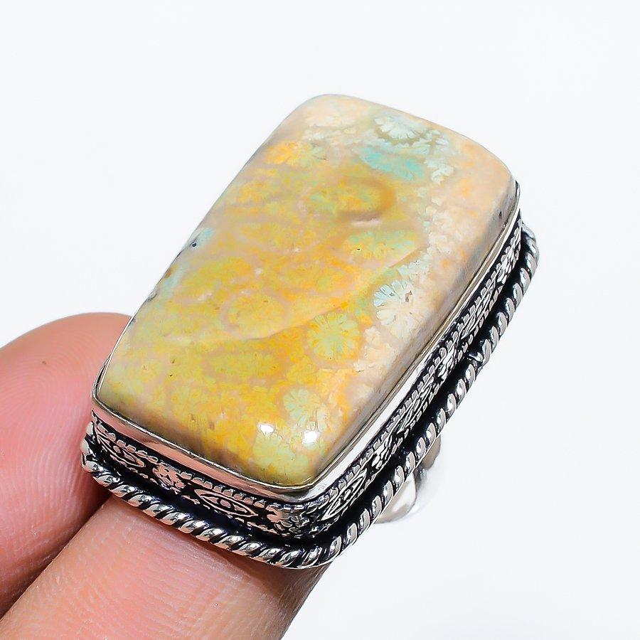 

Ювелирное кольцо из натурального ископаемого коралла из стерлингового серебра 925 пробы, размер 6,5, B6n80