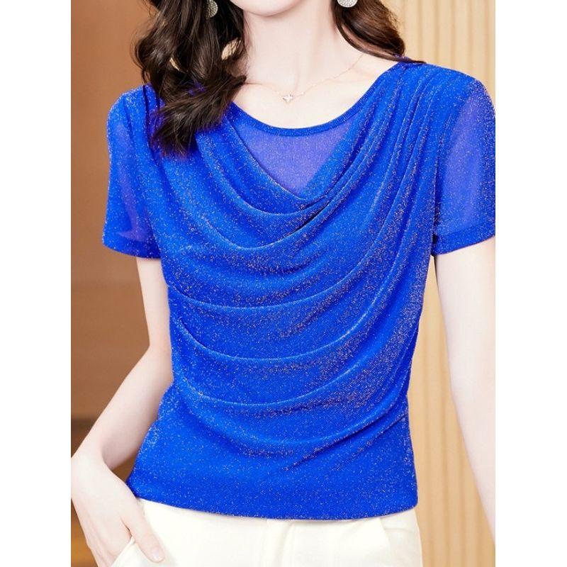 Size Women's Clothing Chubby Girl Summer New Arrival Pure Color Silm Swing Collar Mesh Slimming Short Sleeve T-shirt Easiest for Match 8 Color Women