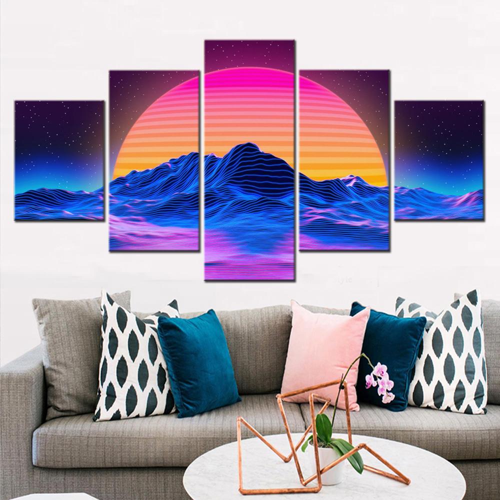 5 Pieces Canvas Wall Arts Poster Painting Nature  Neon RetroWave Art Wallpaper Interior Home Decor Picture Print Bedroom Mural No Frame