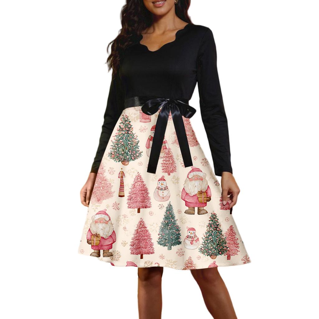 Women's Casual Fashion Long Sleeve Christmas Graphic Printed Vintage Long Dresses