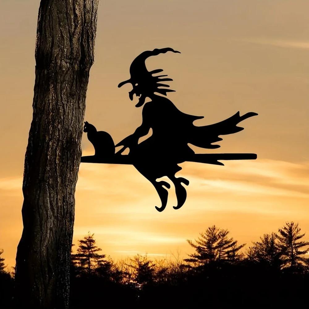 1pc Scary Witch & Cat On Branch Steel Silhouette Metal Wall Art for Home,Yard, and Patio, Outdoor Statue Stake Decoration