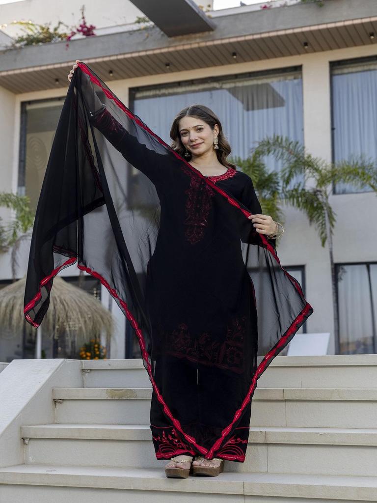 Black Embroidered Kurta Set for Women Ethnic Suit with Dupatta Party Wear