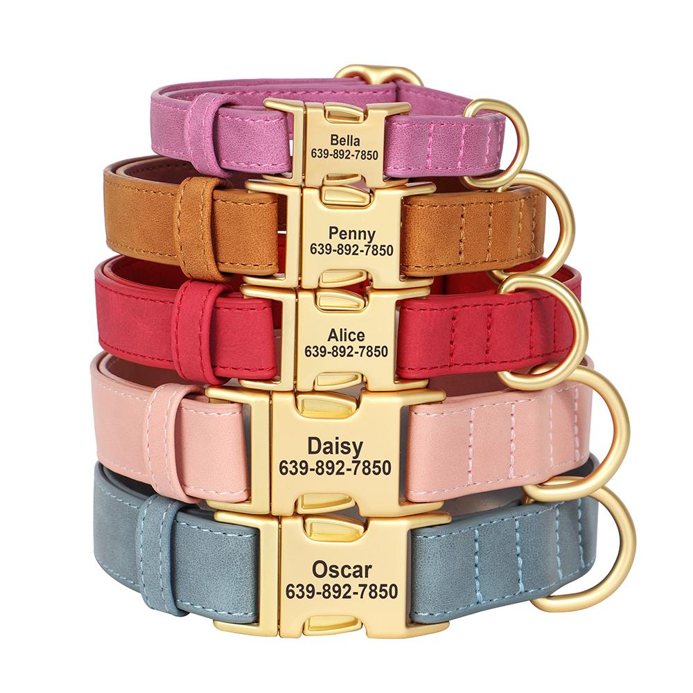 Custom Dog Collar PU Leather Dogs Collars Personalized Pet Necklace Adjustable for Small Medium Large Dogs Bulldog Pug Pink