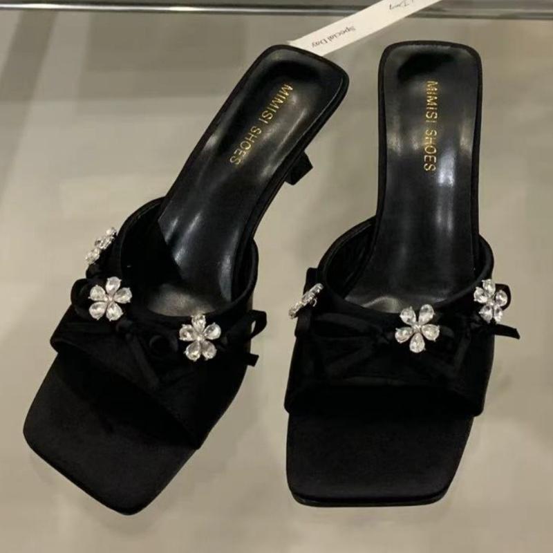 

Fashion Bling Rhinestone Butterfly-knot Slippers Women Summer Sexy Open Toe Kitten Heel Design Slide Sandals Elegant Wedding Bridal Shoe 35 чёрный