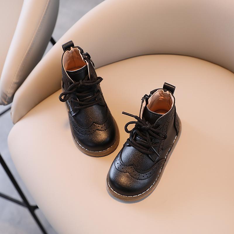 Children Leather Boots Autumn Boys Handsome School Boots Girls  Retro Side Zipper Short Boots Baby Soft Casual Shoes