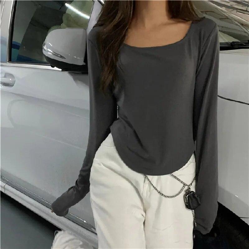 Nová nepravidelná elegantní trička s dlouhým rukávem ženy s čtvercovým límcem ležérní štíhlý top dámský elegantní vintage streetwear pevná trička