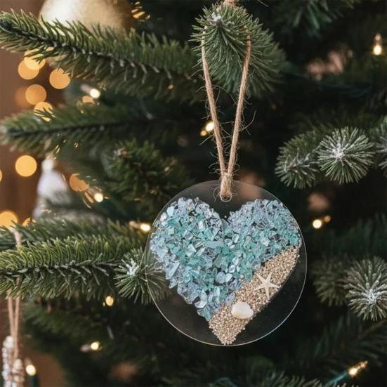 Christmas Sea Glass Heart Ornament Handmade Home Office Holiday Party Xmas Tree Acrylic Seaglass Art Hanging Decoration Pendant