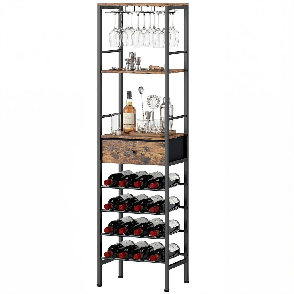 Industrial Wine Bar Cabinet Freestanding Liquor Cabinet 16-Bottle Wine Rack Glass Holder Rustic Brown