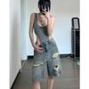 Women's High Waist Denim Shorts - Ripped Raw Edge, Slimming, Mid-Length Straight Leg Jeans Trend