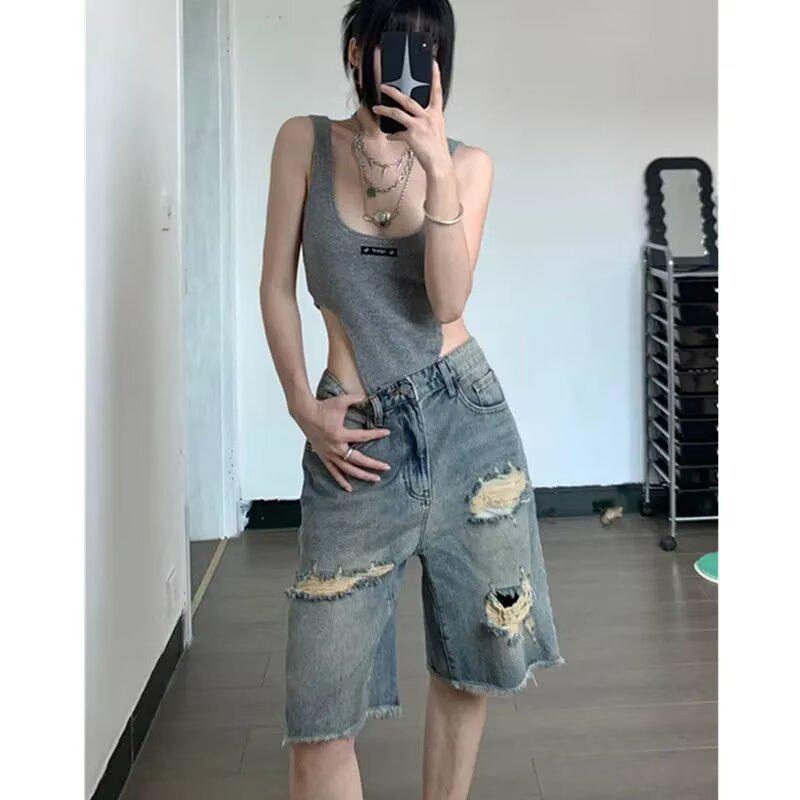 Women's High Waist Denim Shorts - Ripped Raw Edge, Slimming, Mid-Length Straight Leg Jeans Trend
